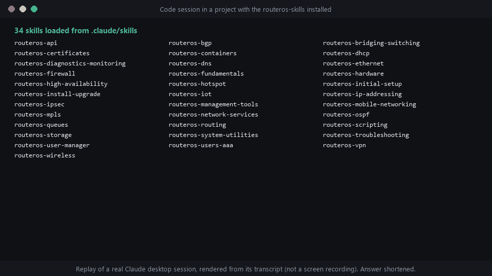 Replay of a Claude Code session with routeros-skills installed: the 34 skills are listed, the routeros-firewall skill loads for a firewall question, and the answer begins.